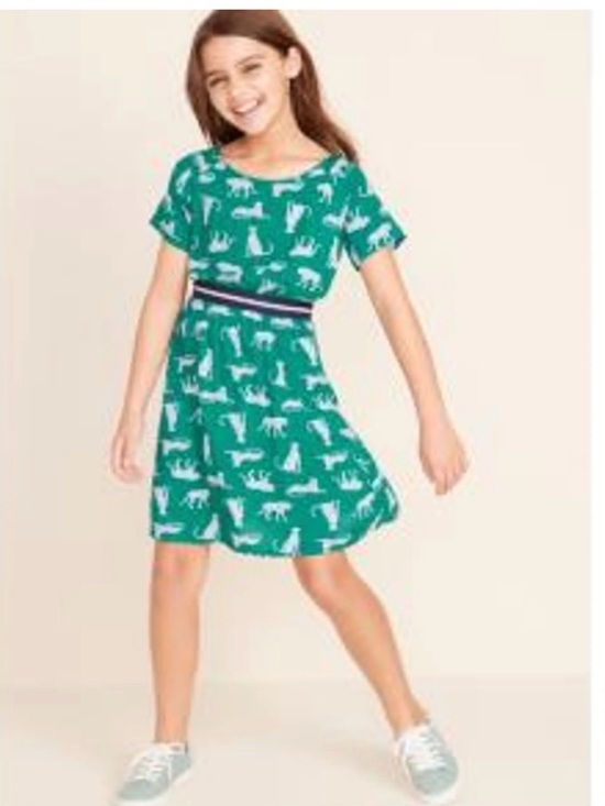 Old Navy Other - Old Navy Green Animal-Print Short Sleeve Dress with Striped Waist